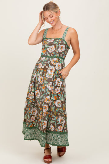 Brown Floral Contrast Print Sleeveless Midi Dress