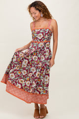 Burgundy Floral Contrast Print Sleeveless Midi Dress