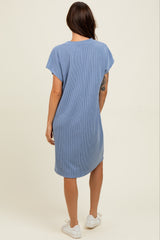 Blue Ribbed Front Pocket Dolman Short Sleeve Dress
