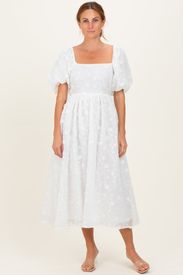 Ivory Embroidered Floral Puff Sleeve Maternity Midi Dress