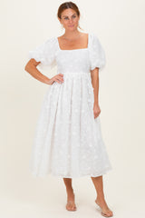 Ivory Embroidered Floral Puff Sleeve Midi Dress