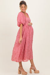 Mauve Embroidered Floral Puff Sleeve Maternity Midi Dress