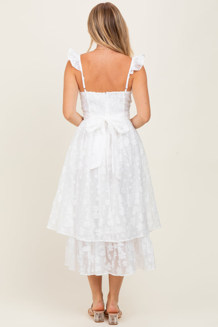 White Embroidered Twist Front Cutout Midi Dress