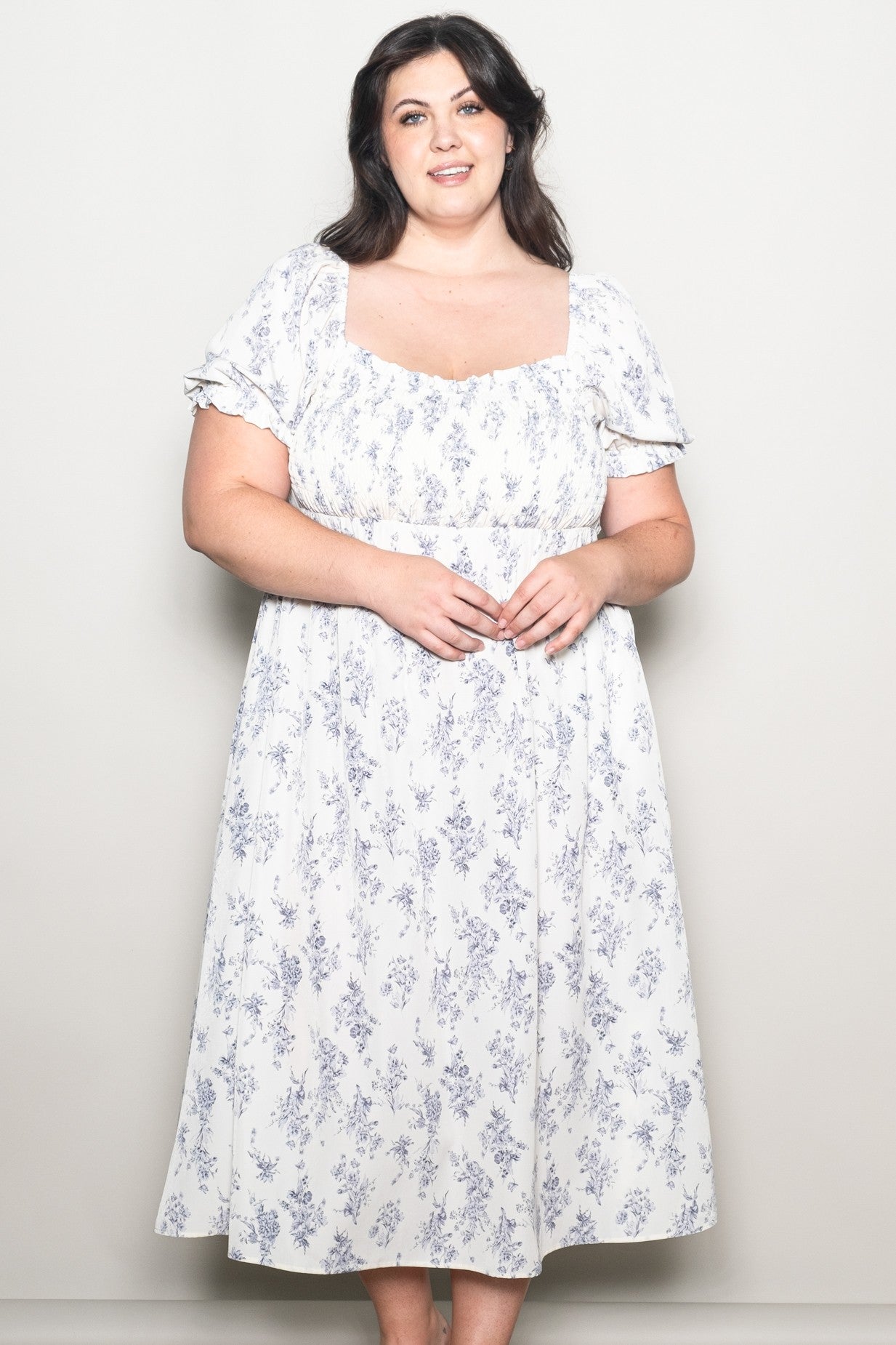 Ivory Floral Smocked Sweetheart Neckline Maternity Plus Midi Dress