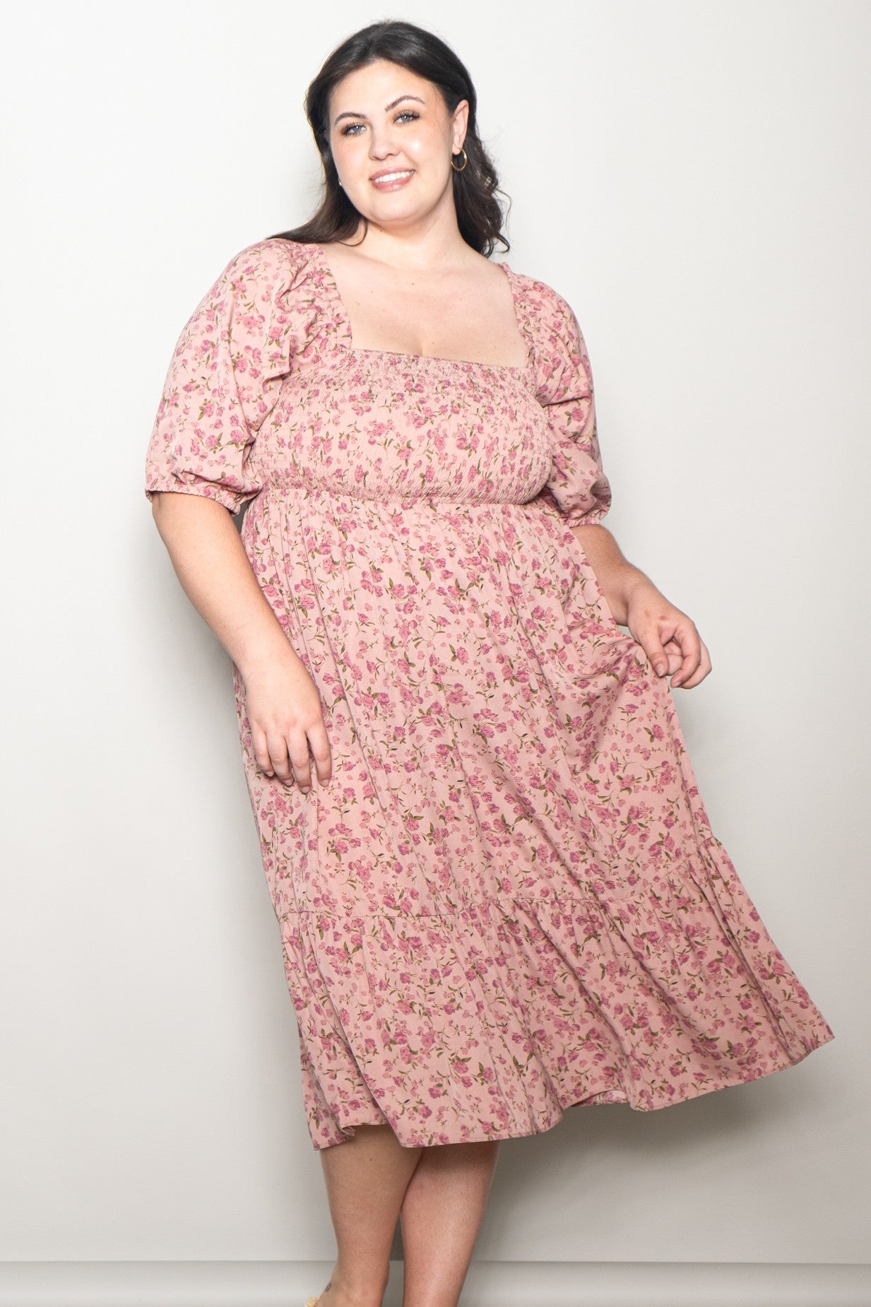 Pink Floral Smocked Plus Midi Dress