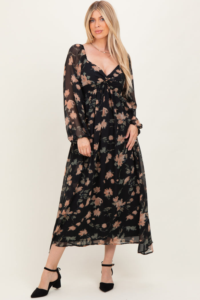 Black/Peach Floral Knotted Bust Chiffon Midi Dress