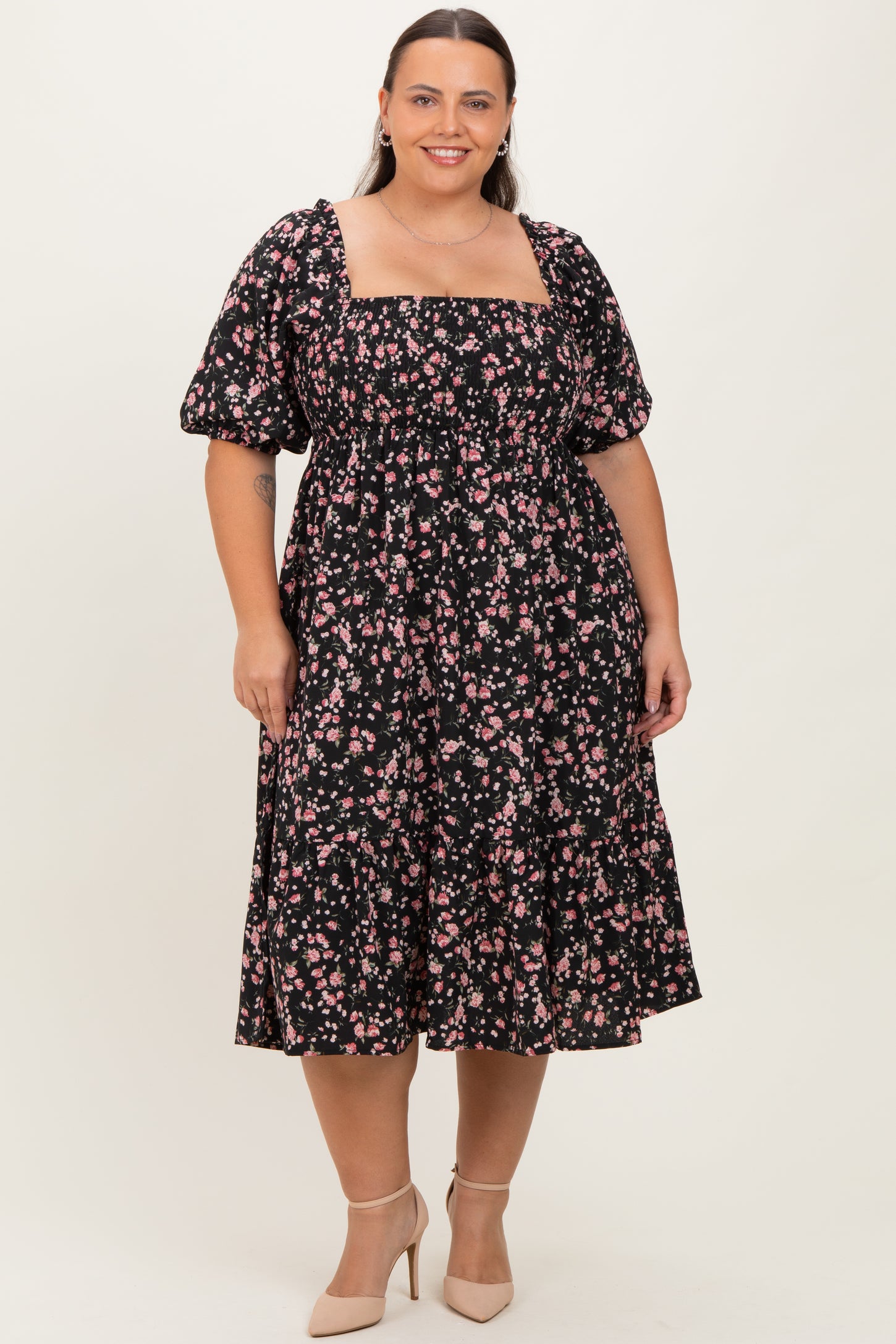 Black Floral Smocked Maternity Plus Midi Dress