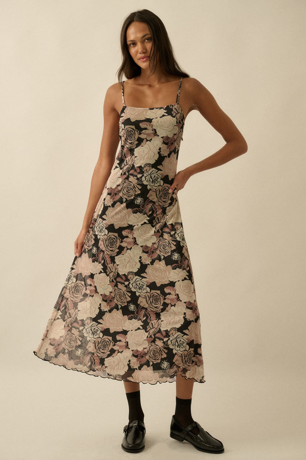 Black Rose Print Mesh Sleeveless Maternity Midi Dress