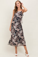Black Rose Print Mesh Sleeveless Maternity Midi Dress