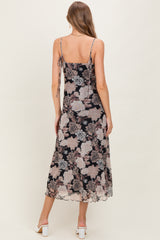 Black Rose Print Mesh Sleeveless Maternity Midi Dress