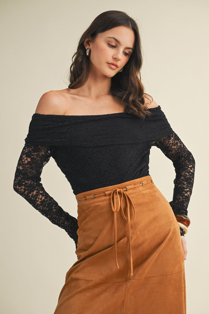 Black Lace Off Shoulder Long Sleeve Top