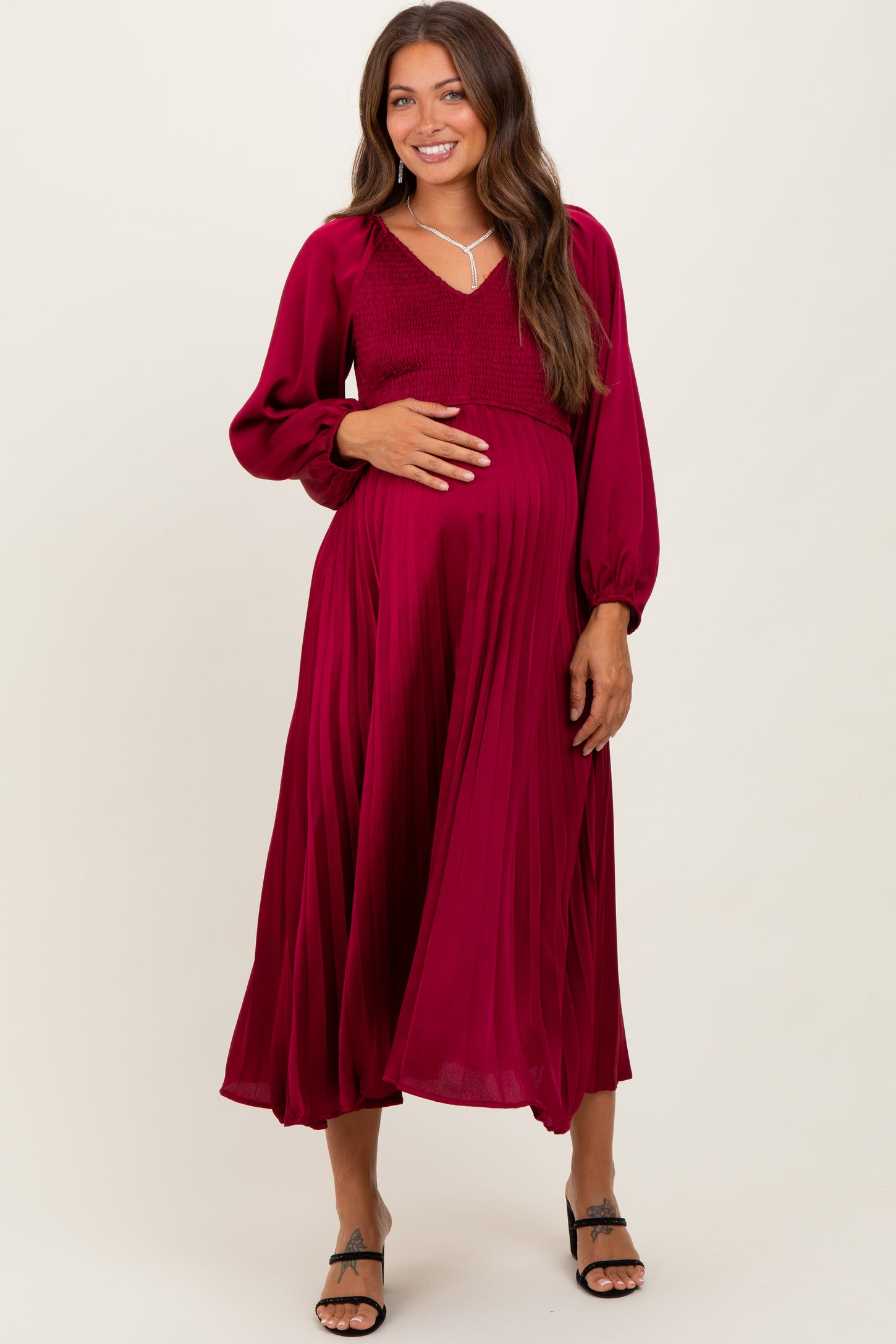 Burgundy Satin Smocked Pleated Maternity Midi Dress