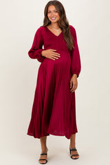 Burgundy Satin Smocked Pleated Maternity Midi Dress