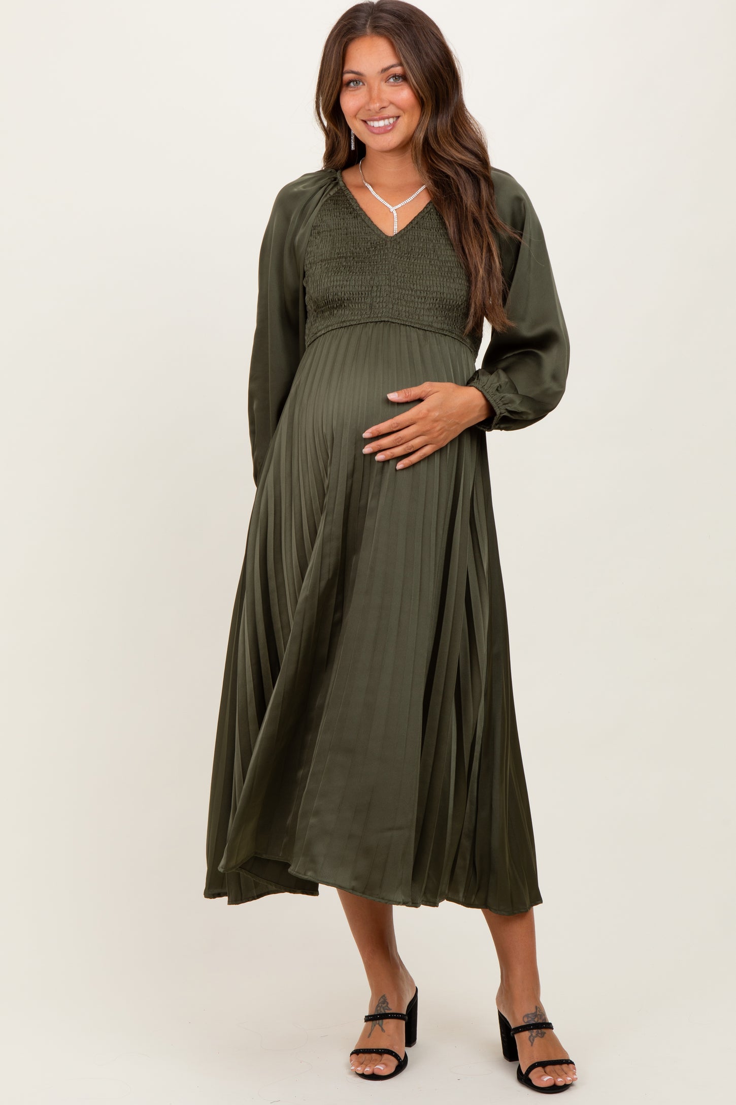 Olive Satin Smocked Pleated Maternity Midi Dress