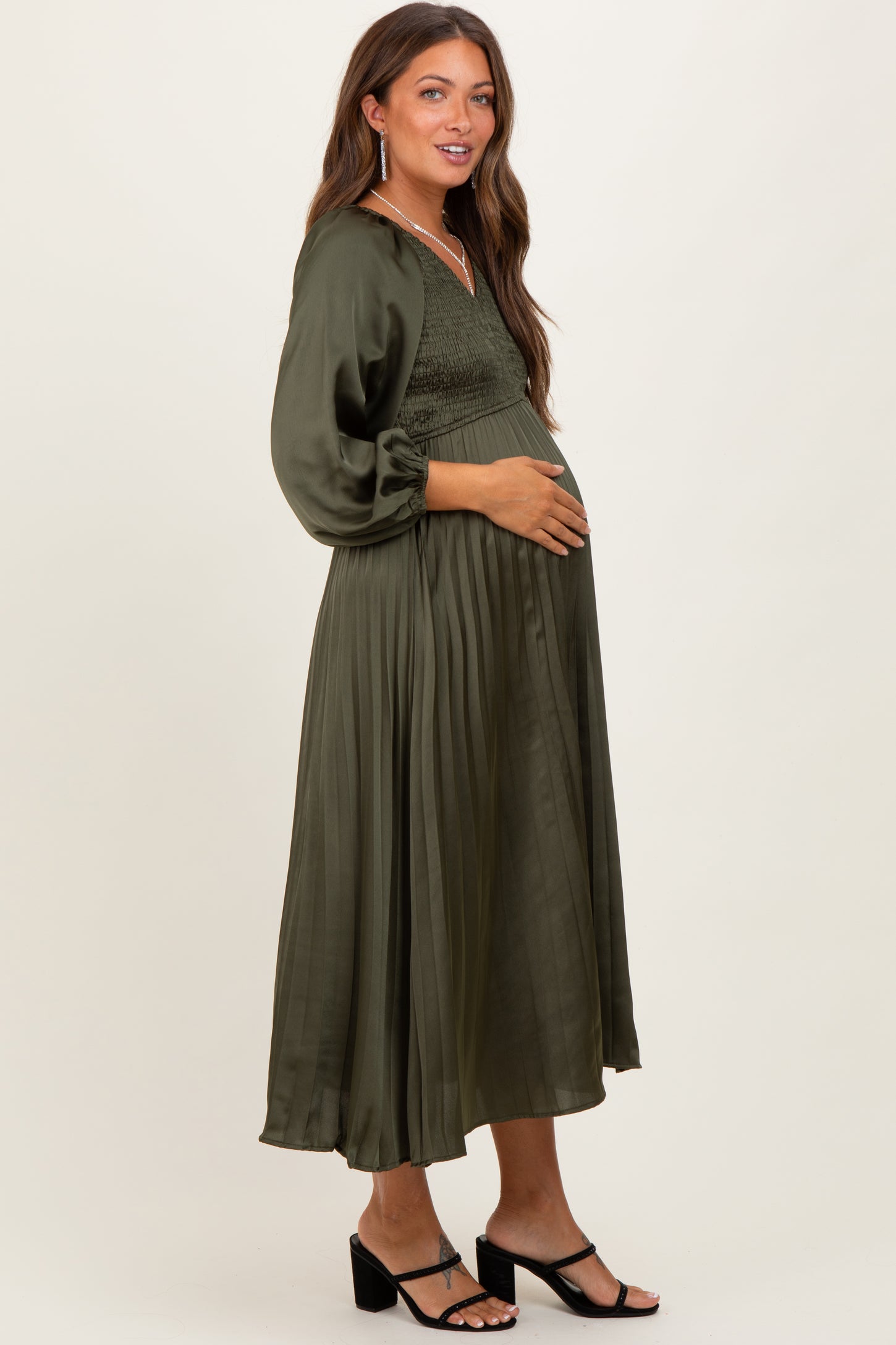 Olive Satin Smocked Pleated Maternity Midi Dress