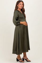 Olive Satin Smocked Pleated Maternity Midi Dress
