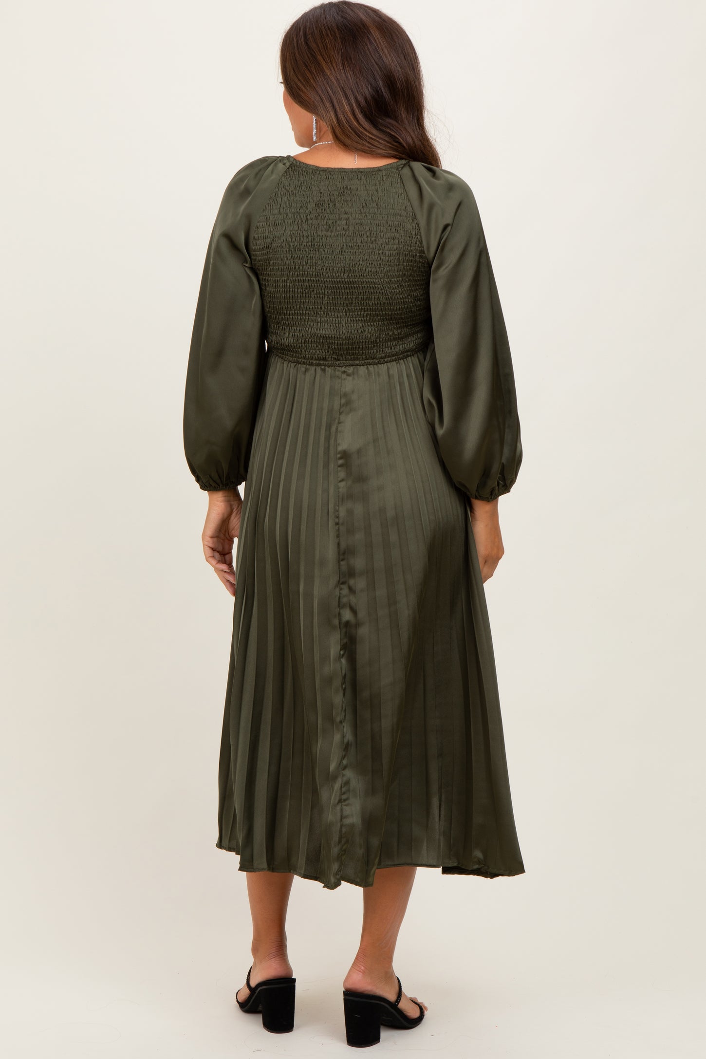 Olive Satin Smocked Pleated Maternity Midi Dress