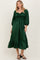 Green Satin Smocked Cinched Bust Midi Dress