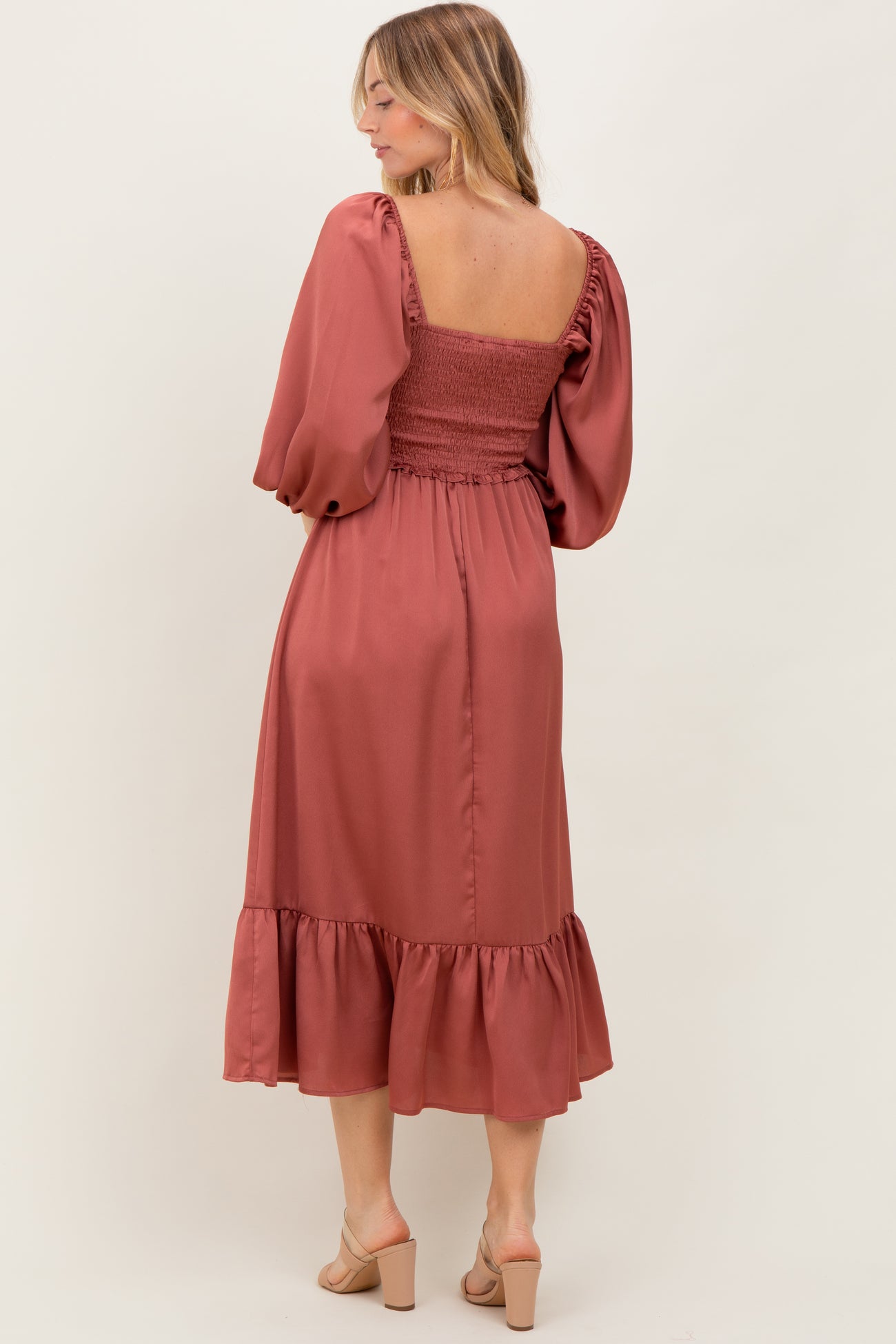 Mauve Satin Smocked Cinched Bust Midi Dress