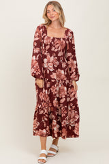 Burgundy Floral Smocked Long Sleeve Maternity Midi Dress