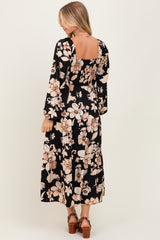 Black Floral Smocked Long Sleeve Midi Dress