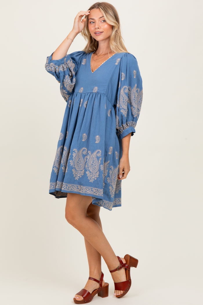 Blue Paisley Embroidered Bubble Sleeve Dress