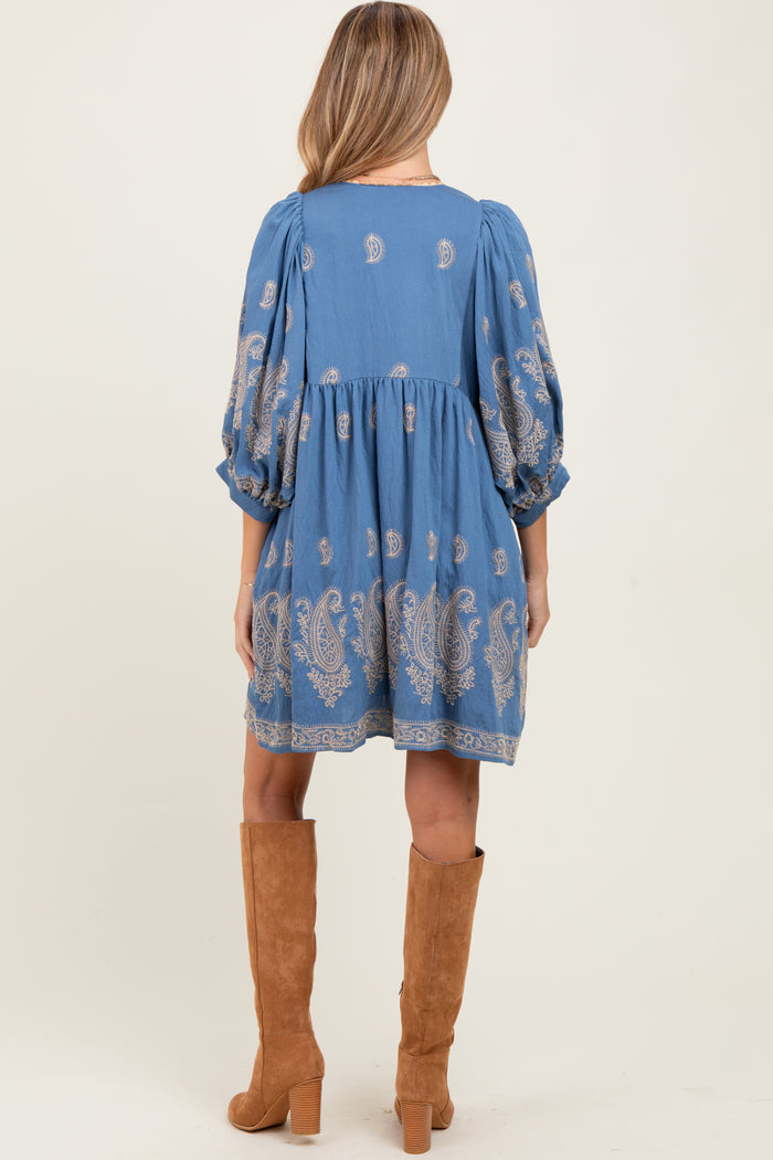 Blue Paisley Embroidered Bubble Sleeve Maternity Dress