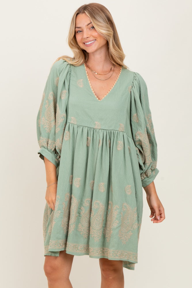 Light Olive Paisley Embroidered Bubble Sleeve Dress