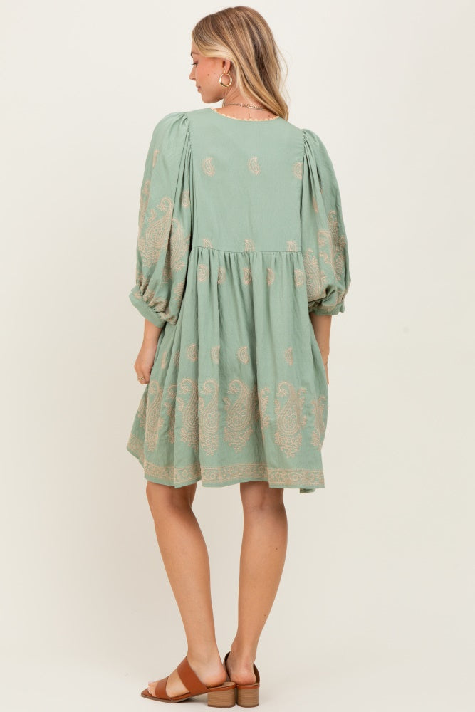 Light Olive Paisley Embroidered Bubble Sleeve Dress