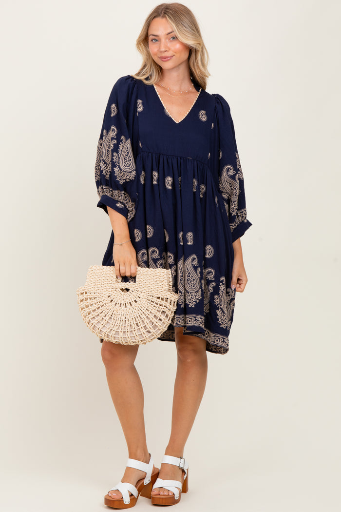 Navy Paisley Embroidered Bubble Sleeve Dress