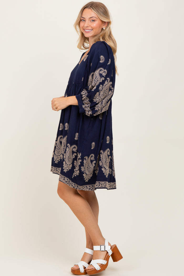 Navy Paisley Embroidered Bubble Sleeve Dress