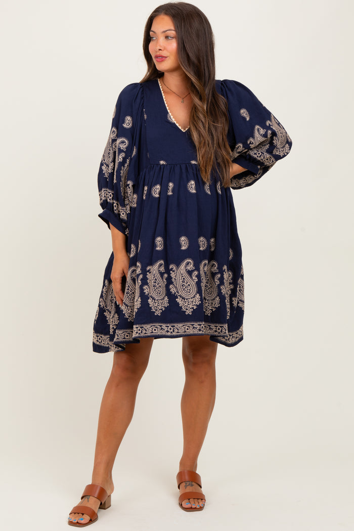 Navy Paisley Embroidered Bubble Sleeve Maternity Dress