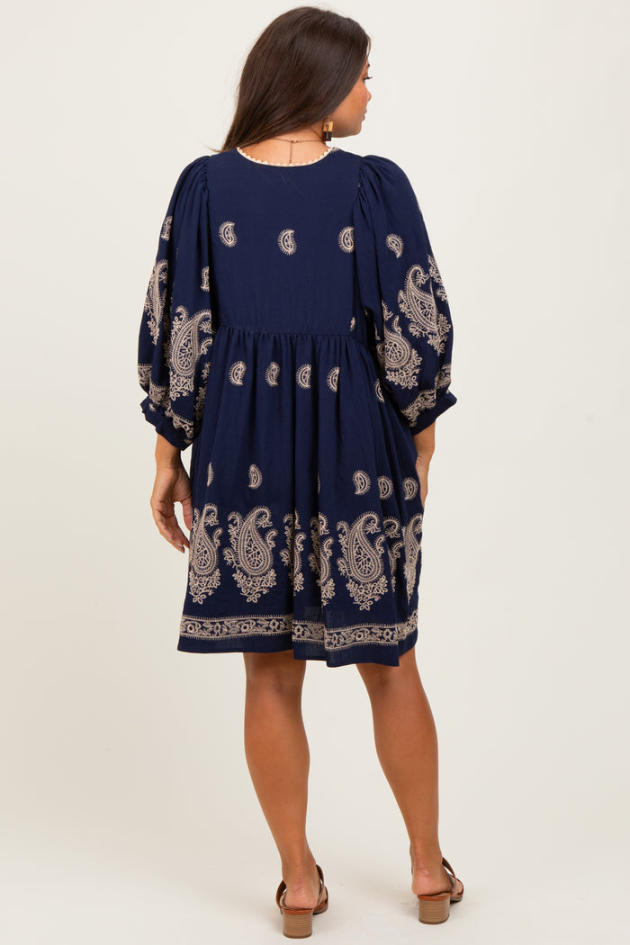 Navy Paisley Embroidered Bubble Sleeve Maternity Dress