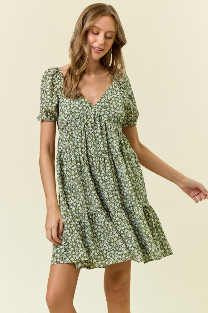 Light Olive Floral Tiered V-Neck Maternity Mini Dress