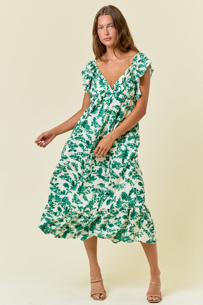 Green Floral V-Neck Flutter Sleeve Maternity Midi Dress