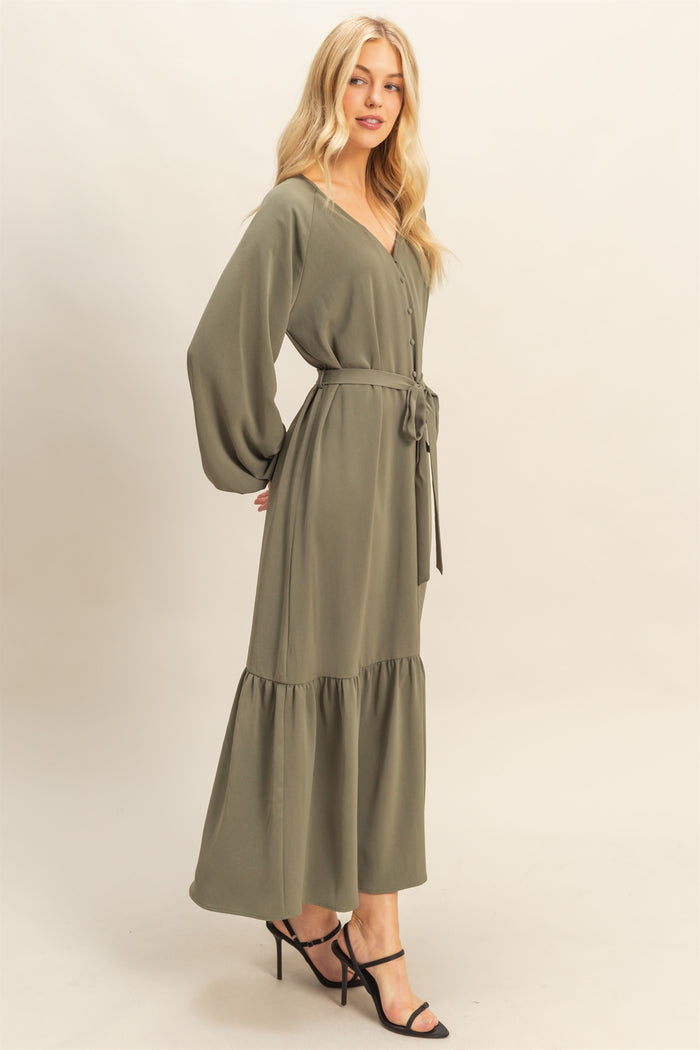 Olive Elegant Long Sleeve Waist Tie Midi Dress