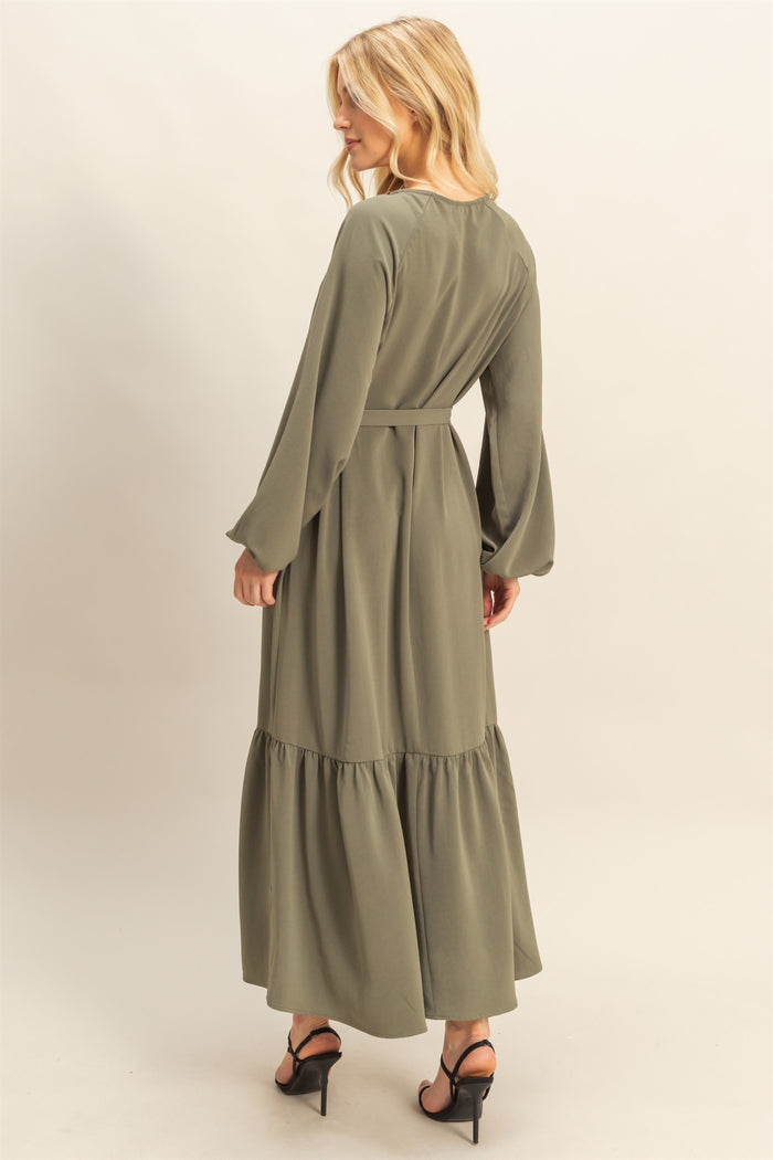 Olive Elegant Long Sleeve Waist Tie Midi Dress