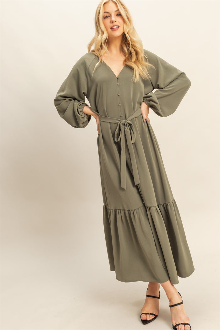 Olive Elegant Long Sleeve Waist Tie Midi Dress