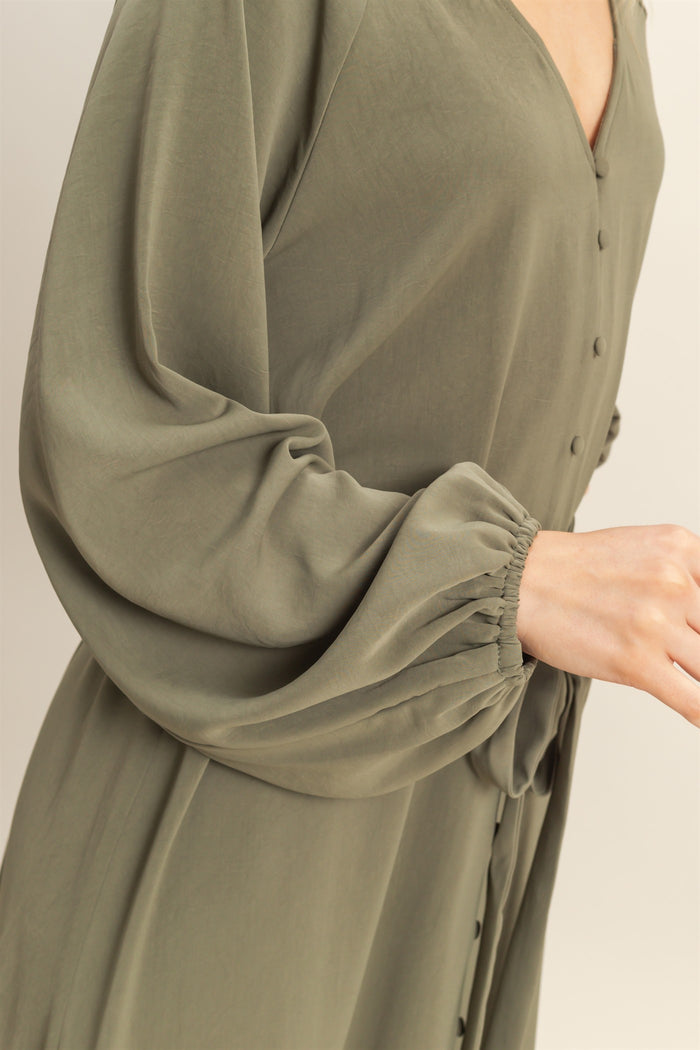 Olive Elegant Long Sleeve Waist Tie Midi Dress