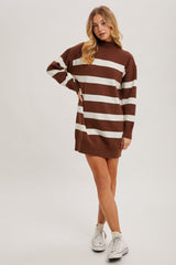 Brown Striped Knit Turtleneck Sweater Dress