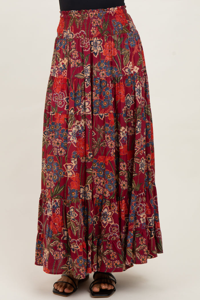 Burgundy Floral Smocked Waist Tiered Maxi Skirt