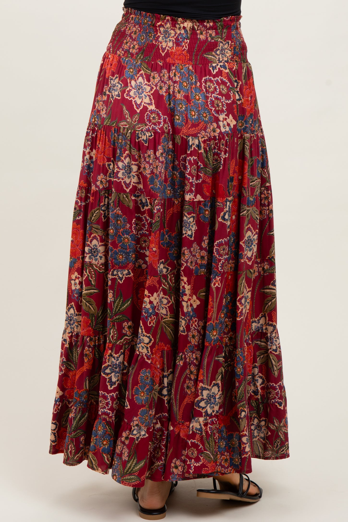 Burgundy Floral Smocked Waist Tiered Maxi Skirt