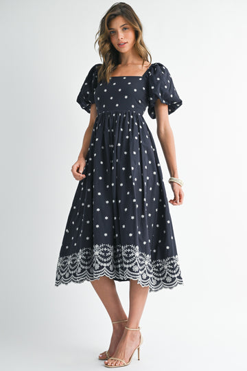 Navy Floral Embroidery Puff Sleeve Midi  Dress