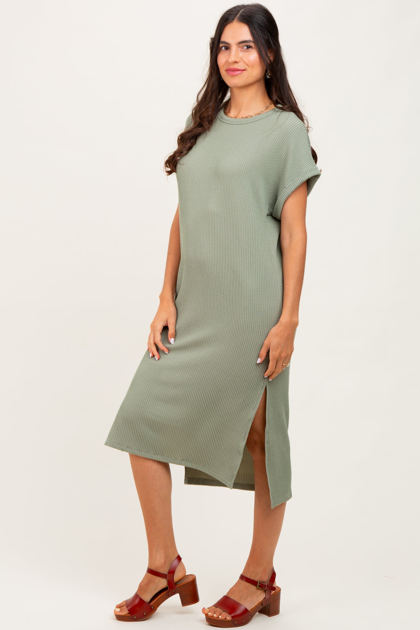 Olive Ribbed Short Sleeve Midi Dress