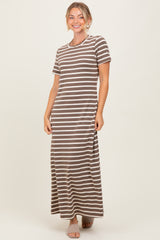 Brown Striped Short Sleeve Midi Dress