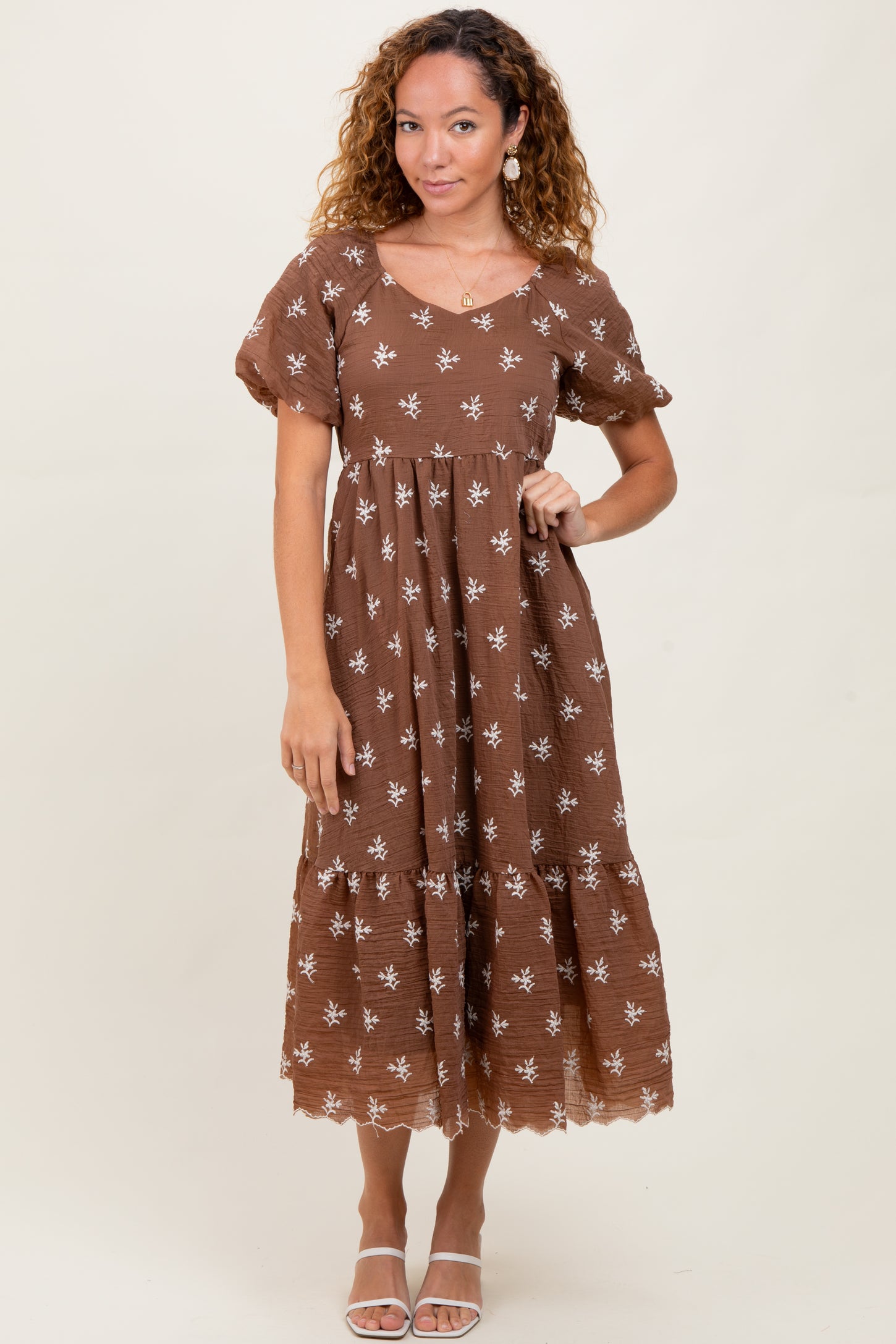 Brown Floral Embroidered Tiered Maternity Midi Dress