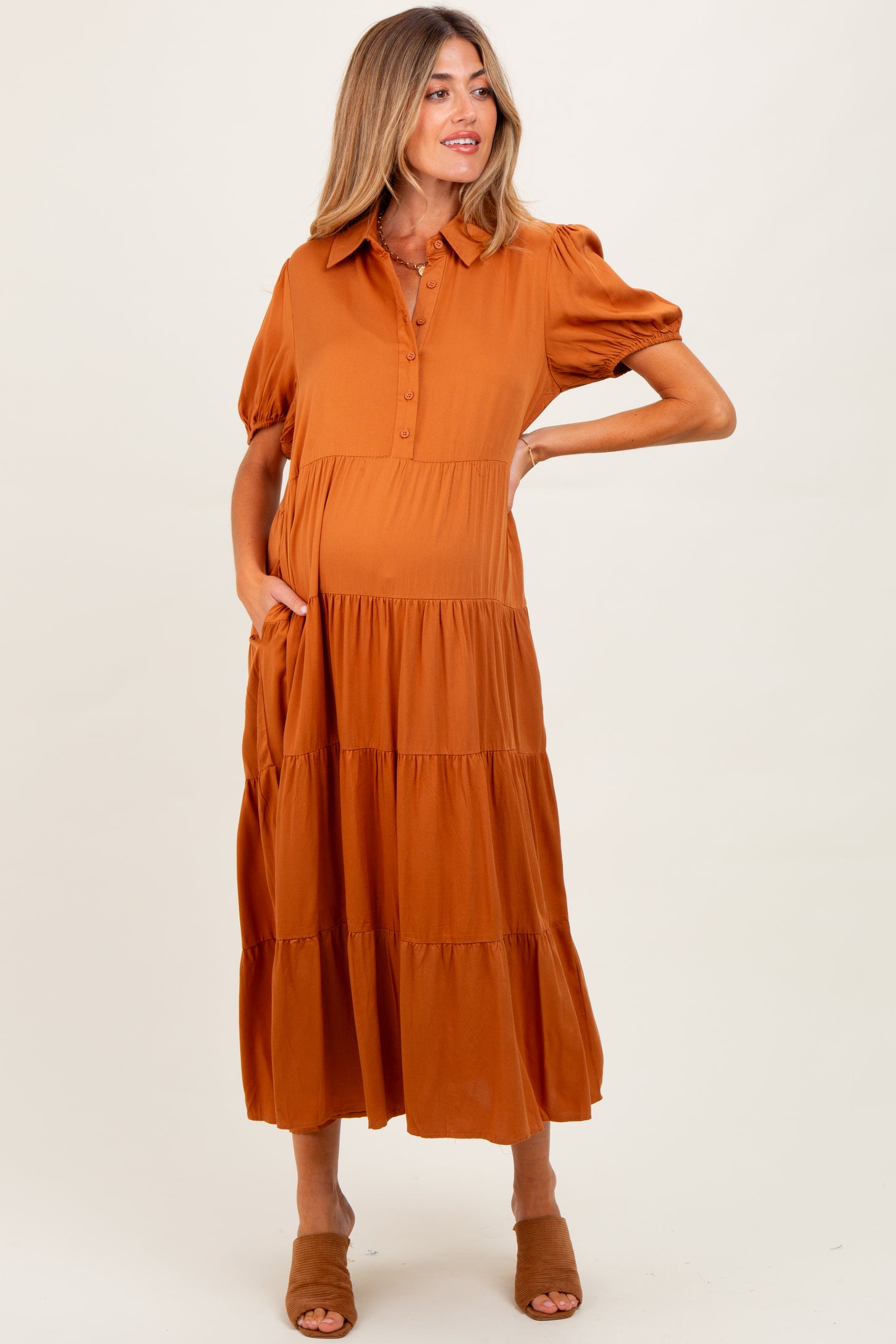 Camel Collared Button Down Tiered Maternity Midi Dress