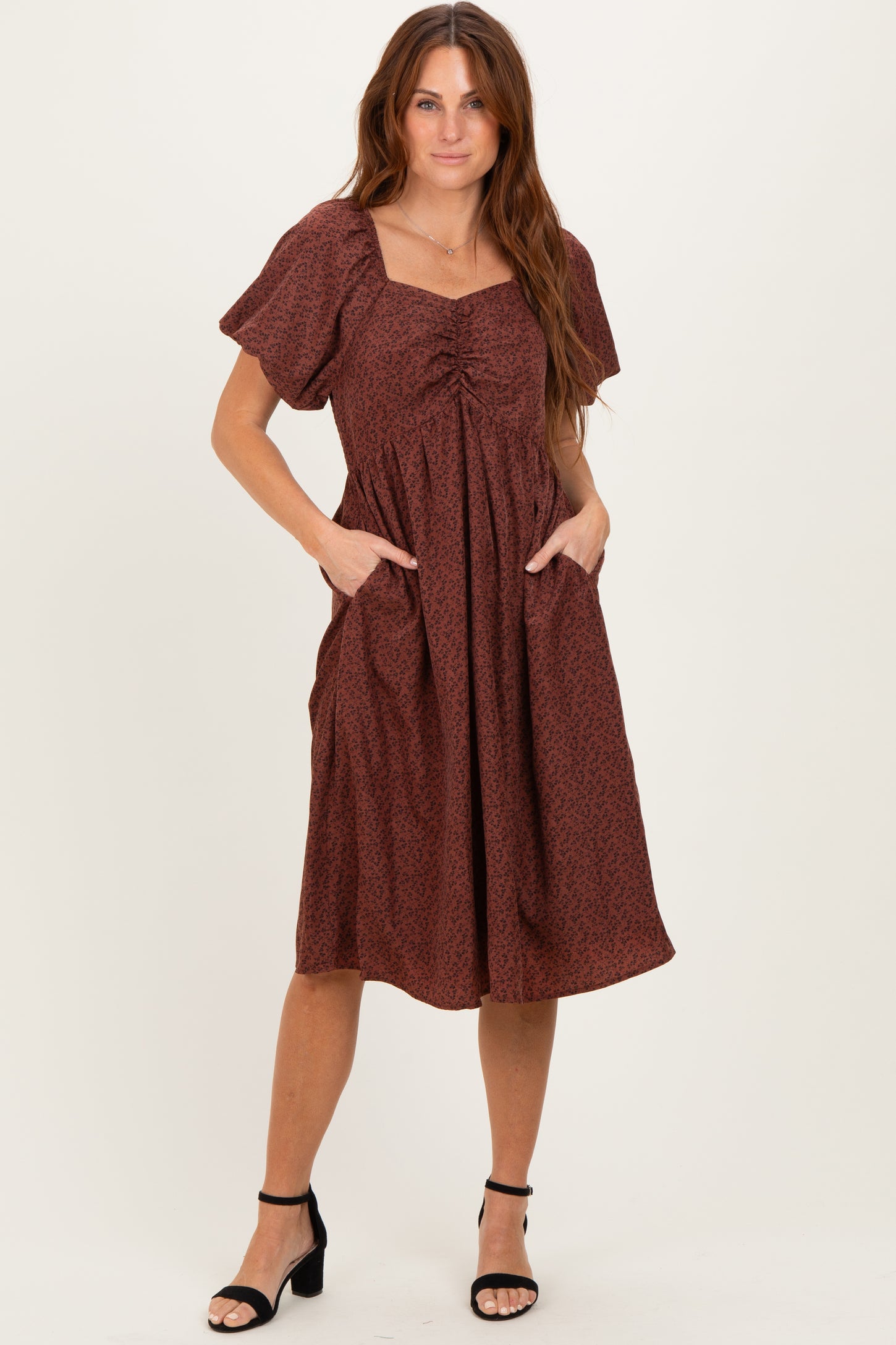 Brown Ruched Sweetheart Neck Dress