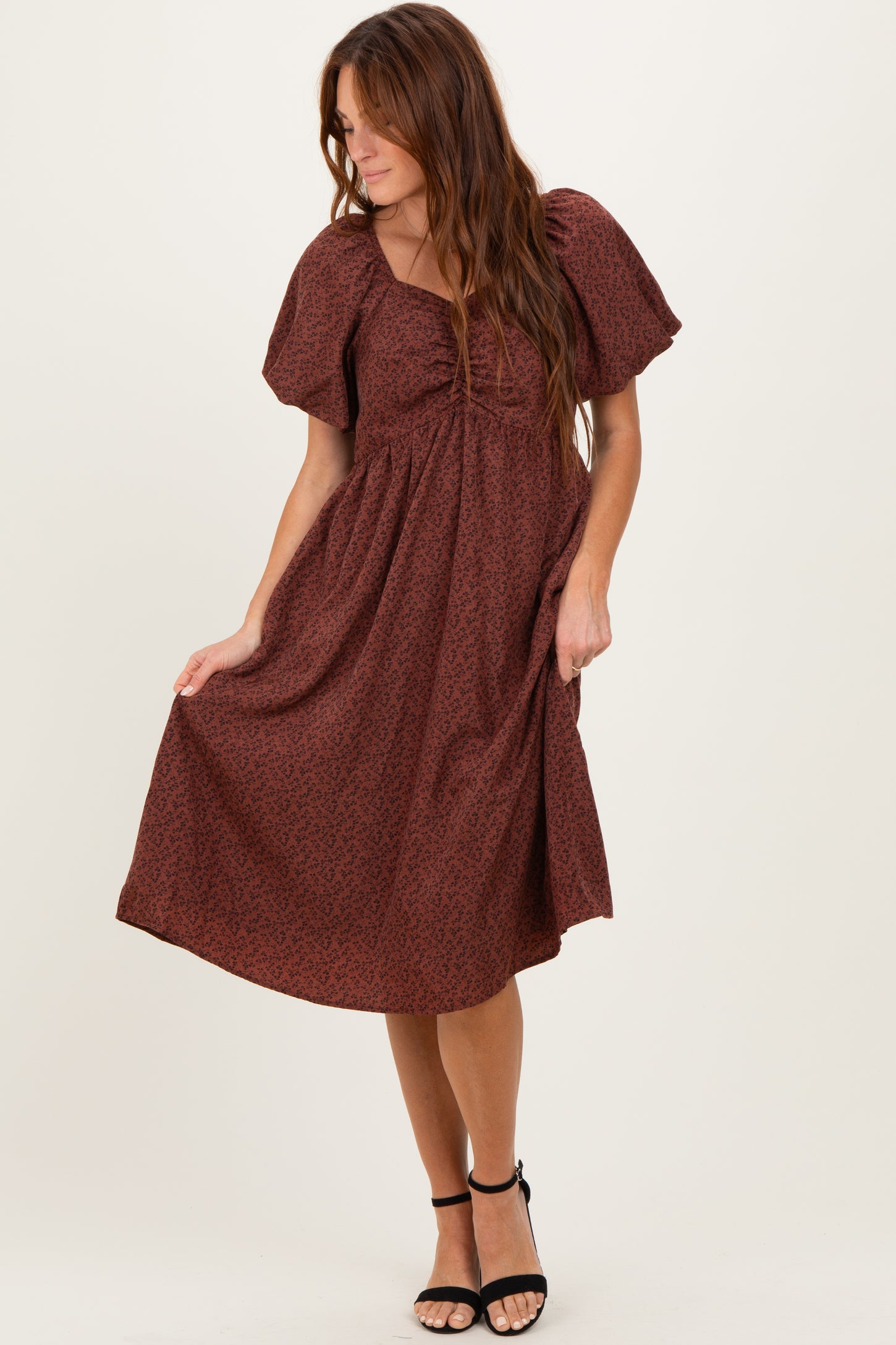 Brown Ruched Sweetheart Neck Dress
