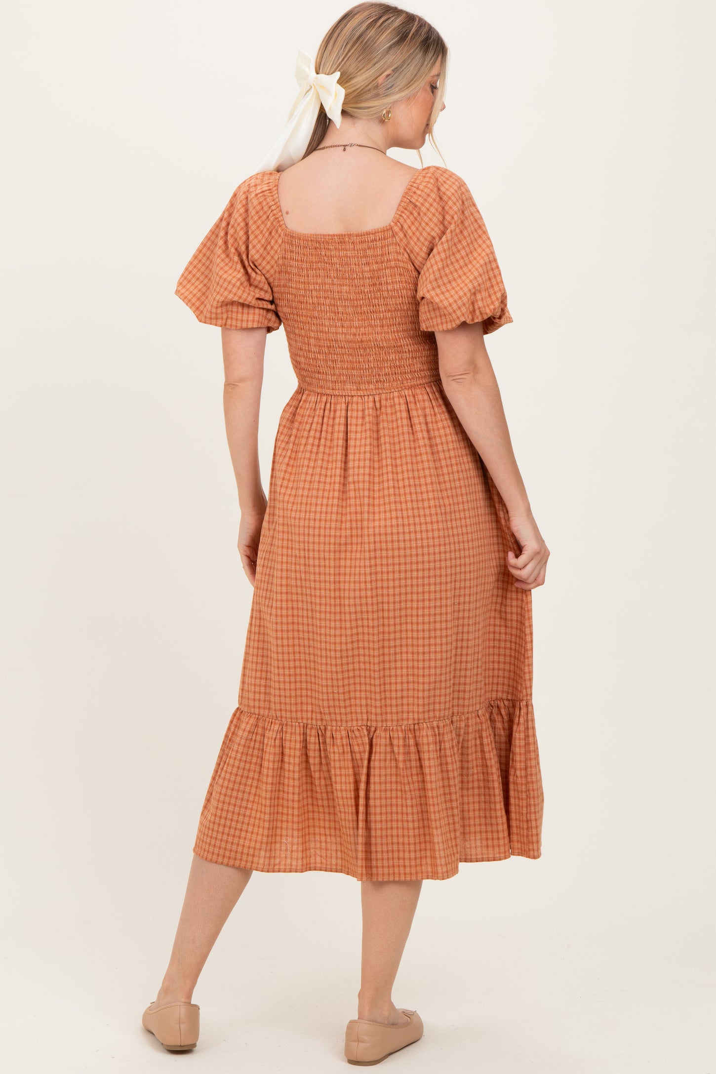 Camel Gingham Smocked Midi Dress